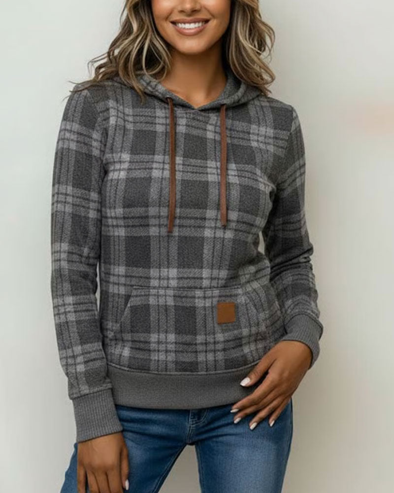 Long-Sleeved Plaid Casual Hoodie