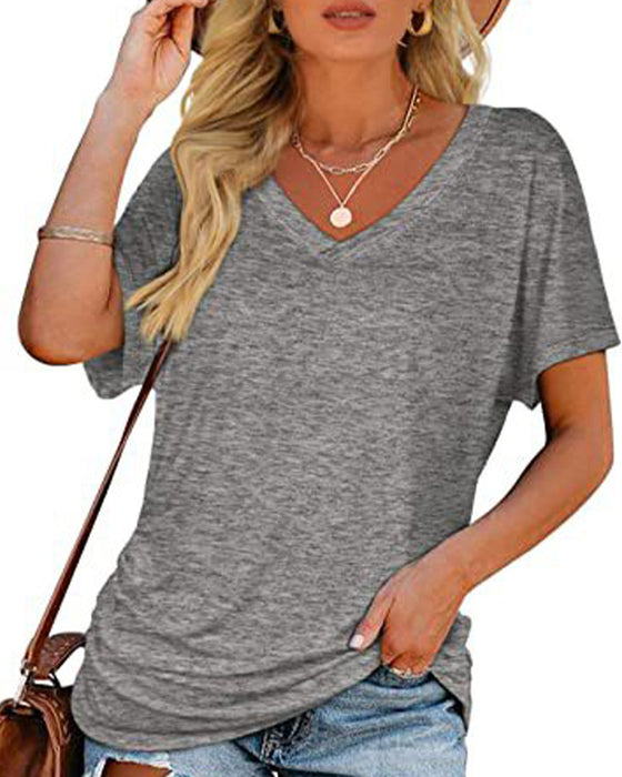 Pleated Solid Color V-Neck T-Shirt