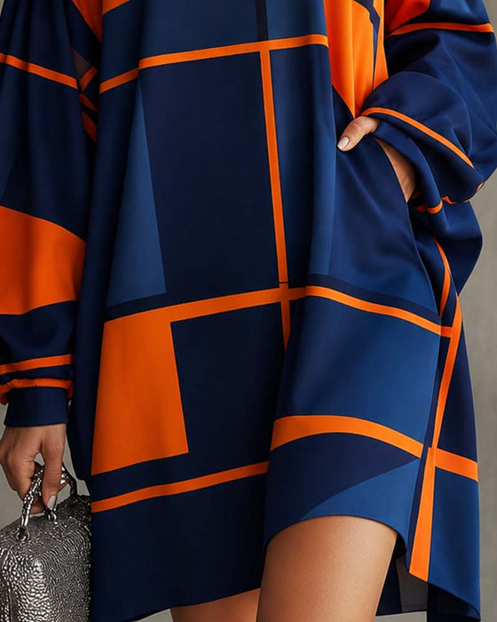 Contrast Color Turtleneck Lantern Sleeve Dress