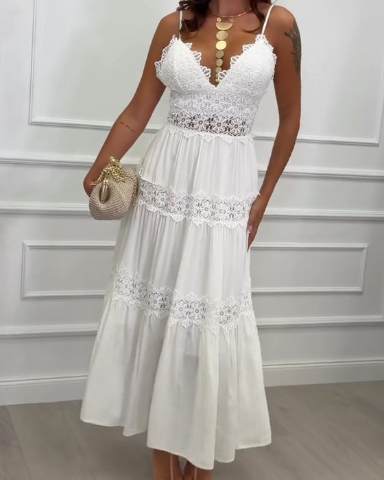 Lace Patchwork Spaghetti Strap V-Neck Dress
