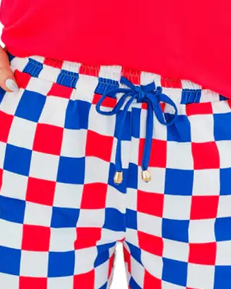 Checkerboard Drawstring Casual Shorts