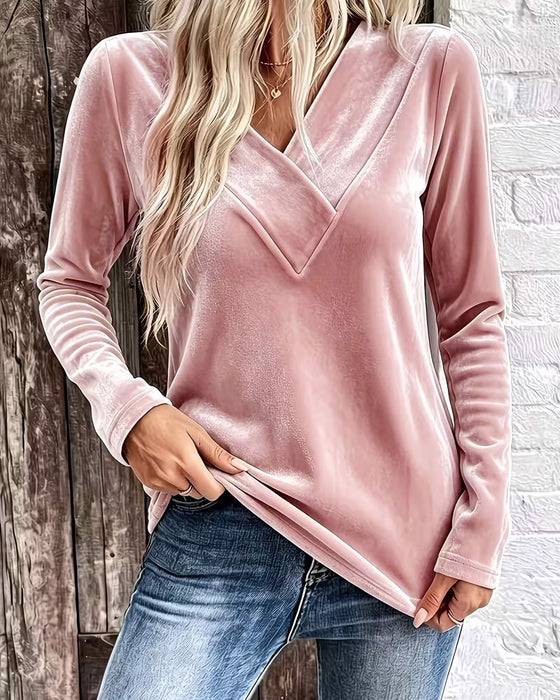 Velvet Long Sleeve V-Neck Solid Top
