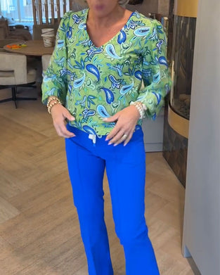 Water Drop Print Long-Sleeved V-Neck Top