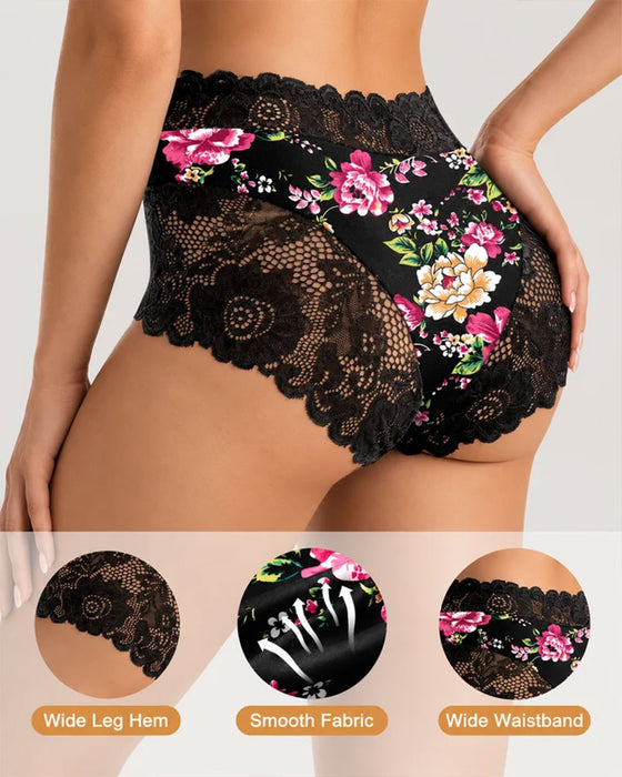3-Pack High Waist Floral Print Lace Trim Panties