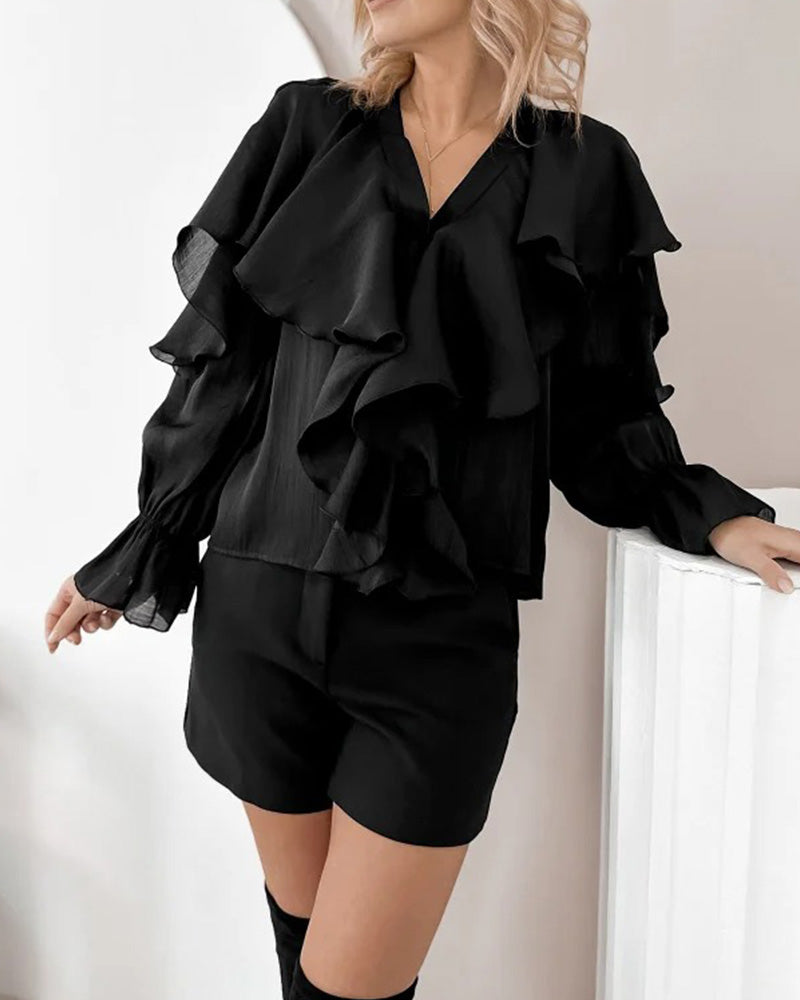 Solid Color Ruffled V-Neck Blouse