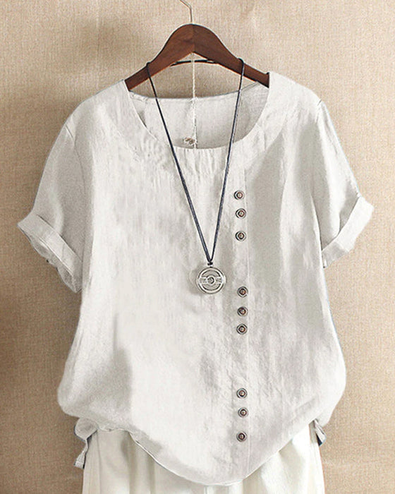 Solid Color Button Short Sleeve Top