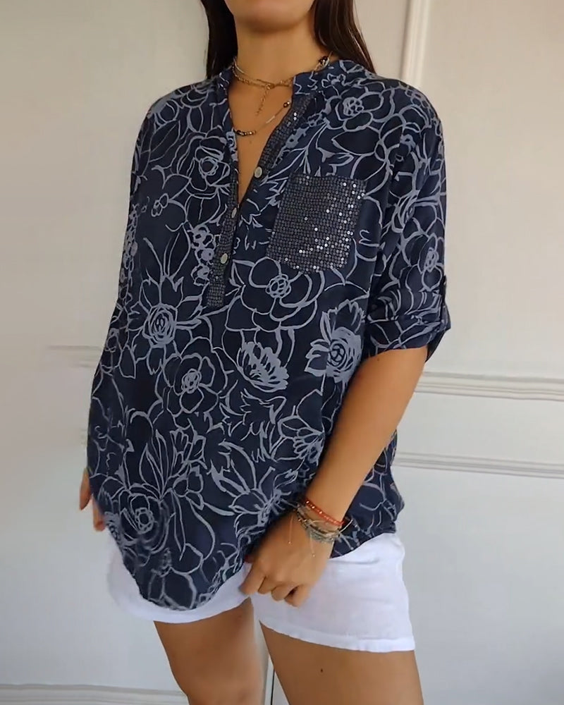 V-Neck Button-Down Printed Blouse