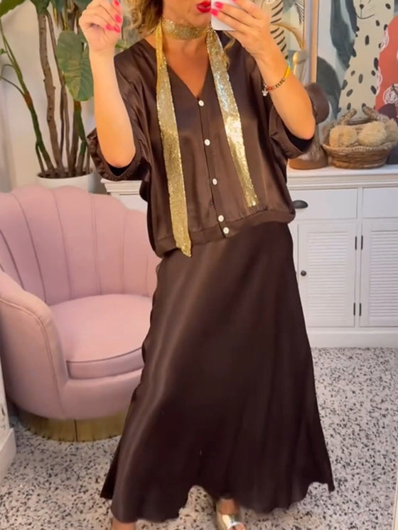 Casual solid color button V-neck skirt set