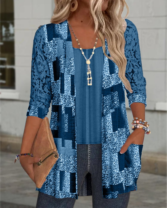 Faux Two-Piece Printed Long-Sleeved Blouse