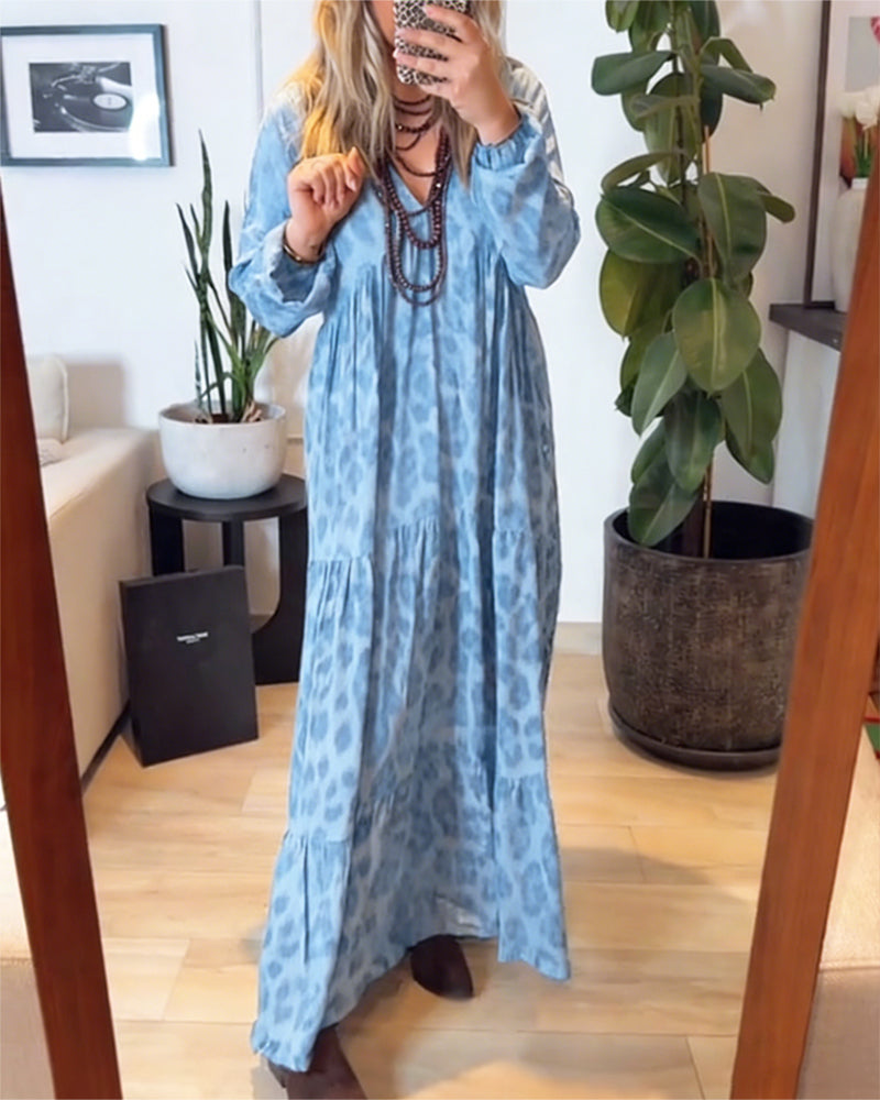 V-Neck Leopard Print Fashion Maxi Dress