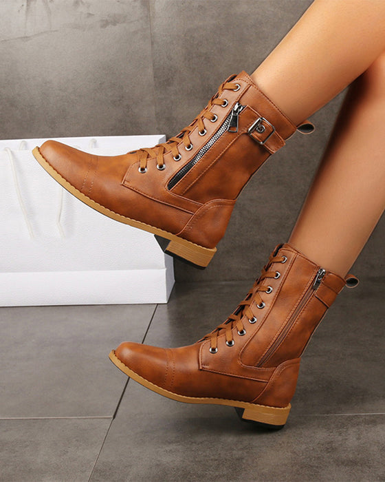 Women's Round Toe Side Zipper Leather Orthopedic Boots