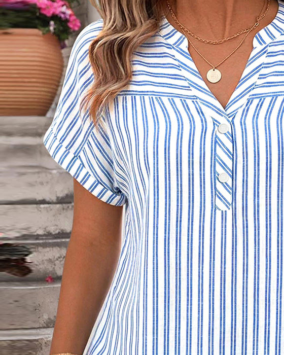 Stripe V-Neck Button Patchwork Blouse