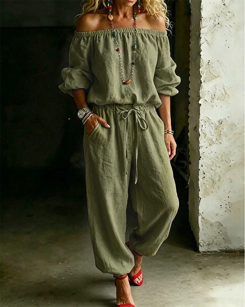 Off-Shoulder Tie Waist Cinched Waist Jumpsuit