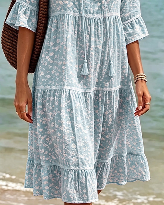 Tie V-Neck Ruffle Floral A-Line Dress