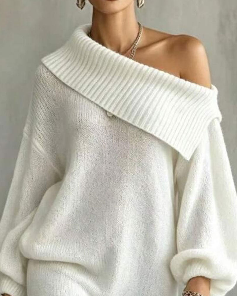 Slant Neck Lantern Sleeve Patchwork Lace Sweater Dress