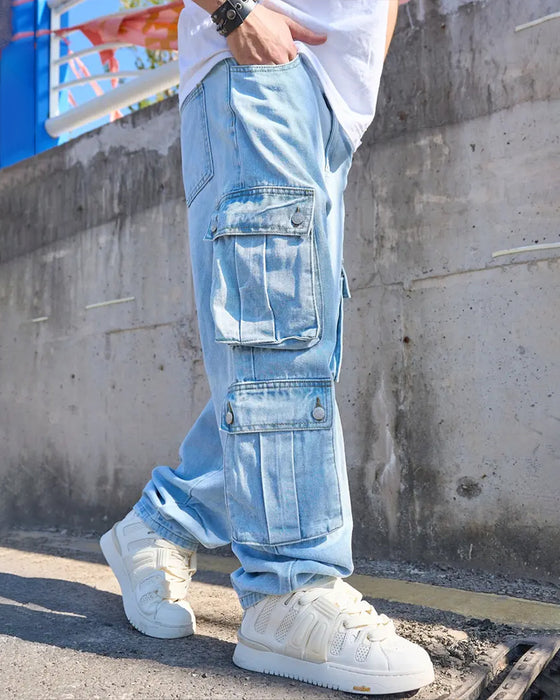Men's Loose Solid Flap Pocket Cargo Denim Jeans