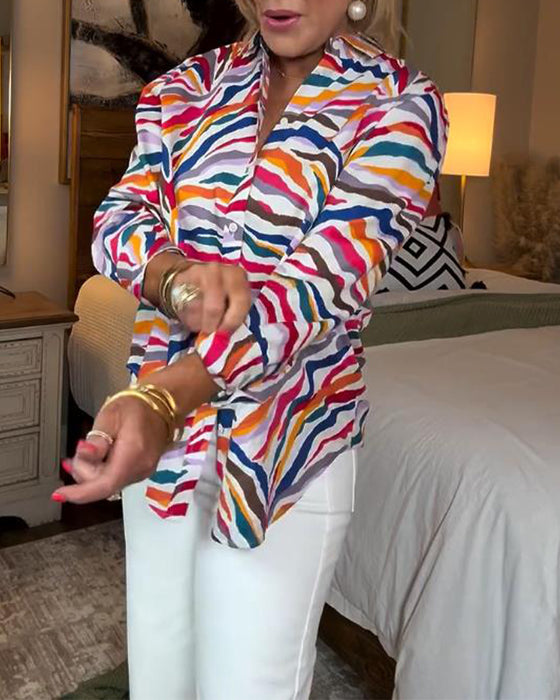 Lapel Long-Sleeved Colorful Floral Shirt