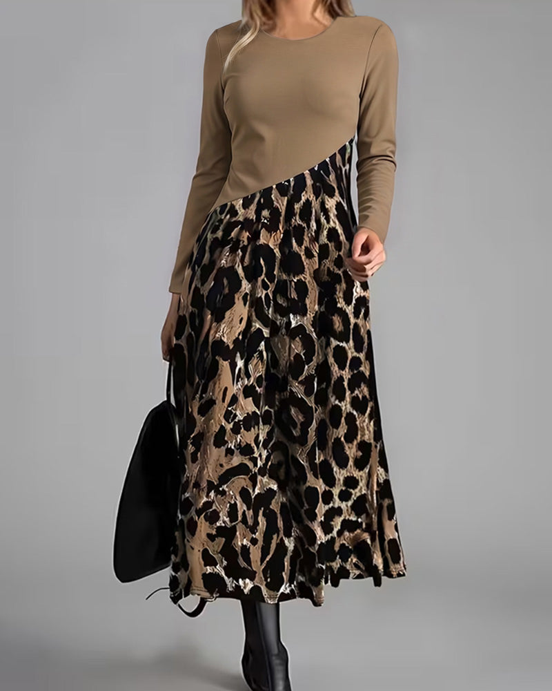 Crew Neck Leopard Full Skirt Dress