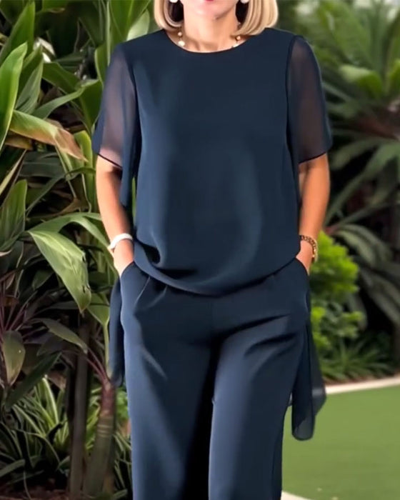 Chiffon Asymmetrical Top Wide-Leg Pants Set