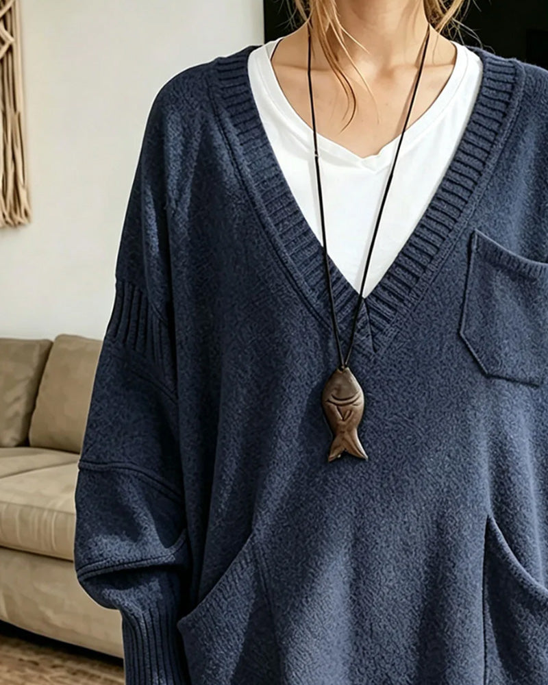 V-Neck Pocket Long Pullover