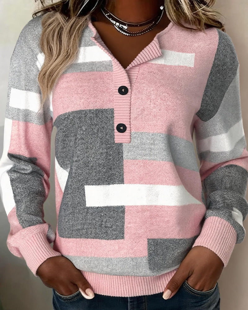 Checkered Button-Front Long-Sleeve Sweatshirt