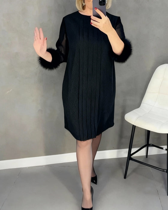 Mesh stitching furry sleeve pleated Dress