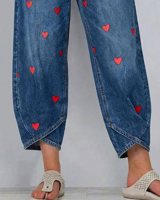 Heart Print Denim Ankle Pants