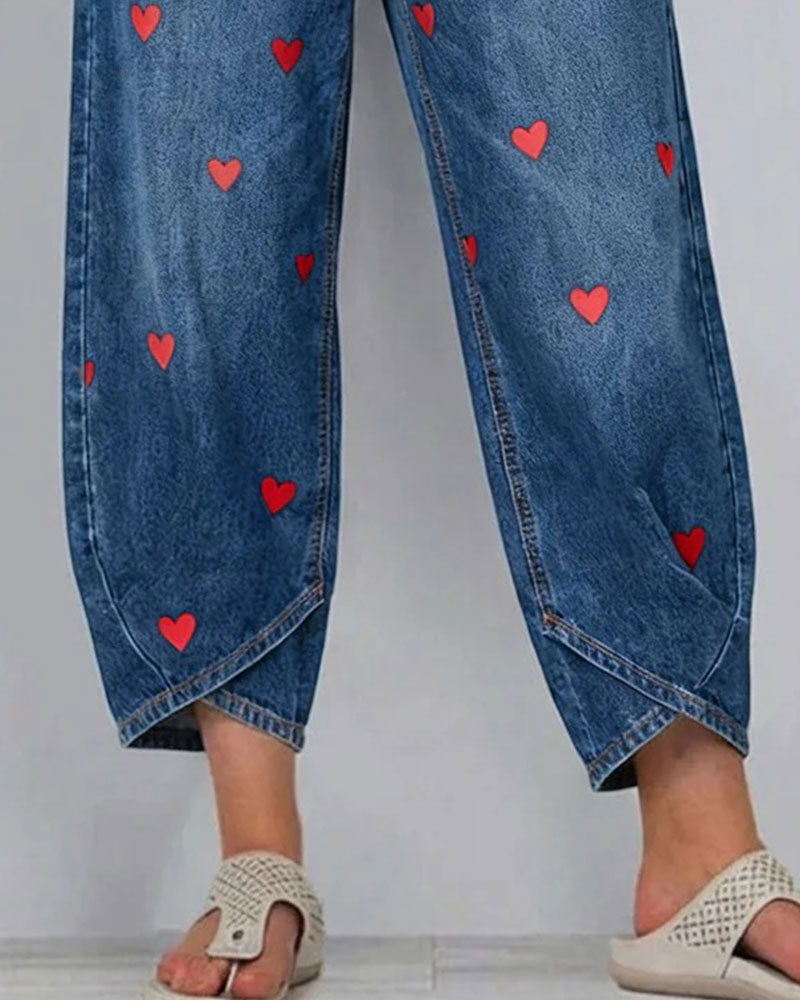 Heart Print Denim Ankle Pants