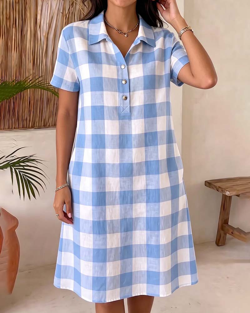 Lapel Blue and White Check Dress