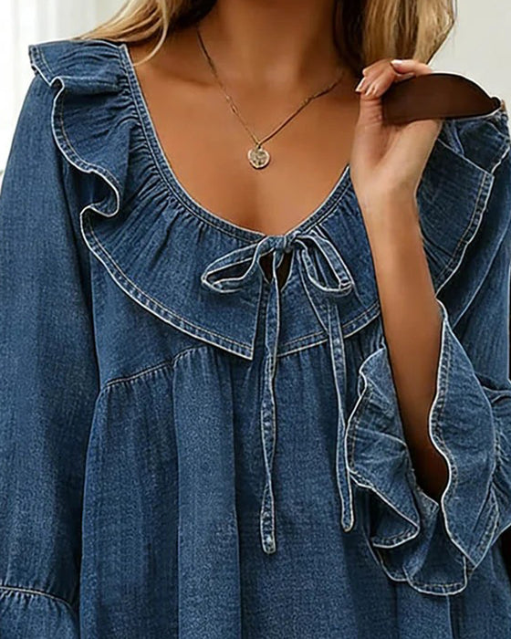 Ruffled Tie Denim Crew Neck Blouse