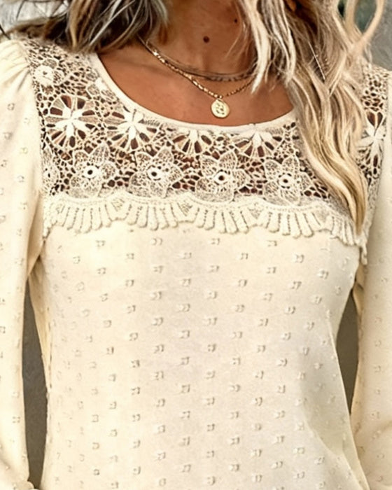 Jacquard Lace Patchwork Round Neck Top