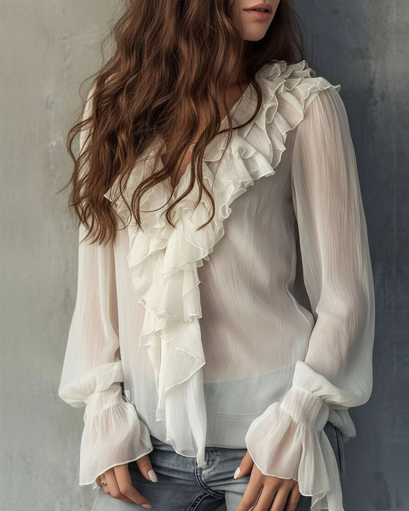 Stylish V-Neck Ruffled Blouse