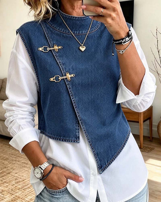Slant-Button Stand-Collar Vest Shirt Set
