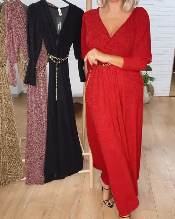 Stylish Solid Color V-Neck Dress