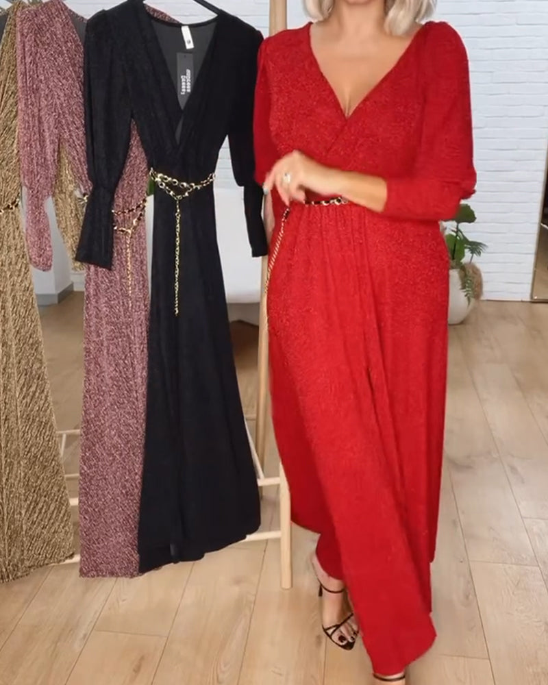 Stylish Solid Color V-Neck Dress