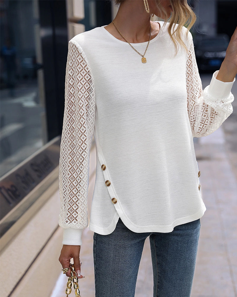 Button-Up Design Lace Long-Sleeved Round Neck Top