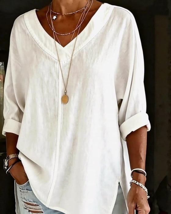 100% Cotton V-Neck Three-Quarter Sleeve Slit Top