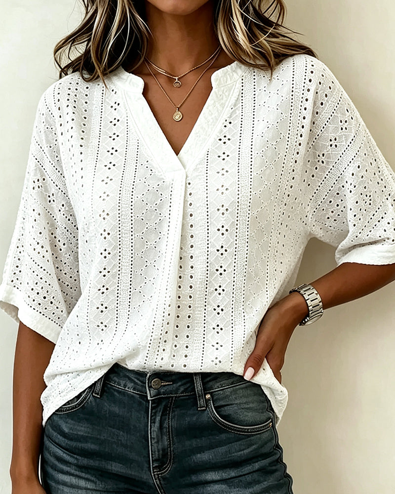 Solid V-Neck Cutout Mid-Sleeve Blouse