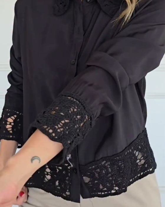 Lapel Hem Lace Patchwork Blouse