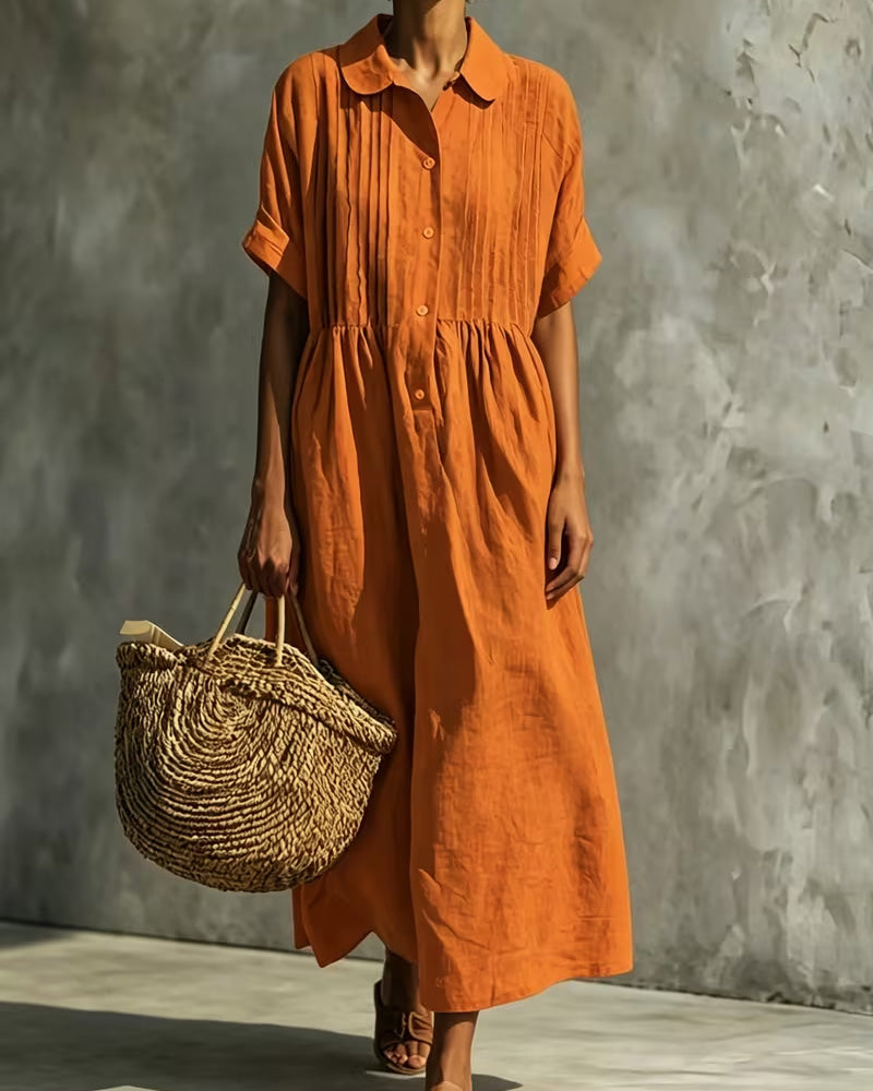 Peter Pan Collar Shirred Solid Dress