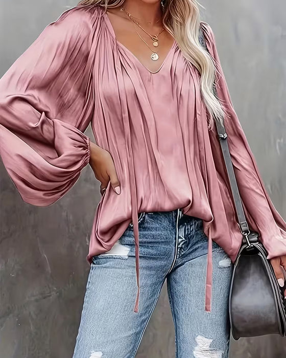 Lace-Up Solid Color Blouse