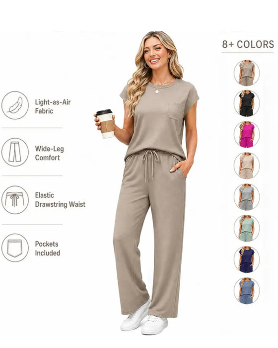 Solid Color Short Sleeve and Long Pants Set