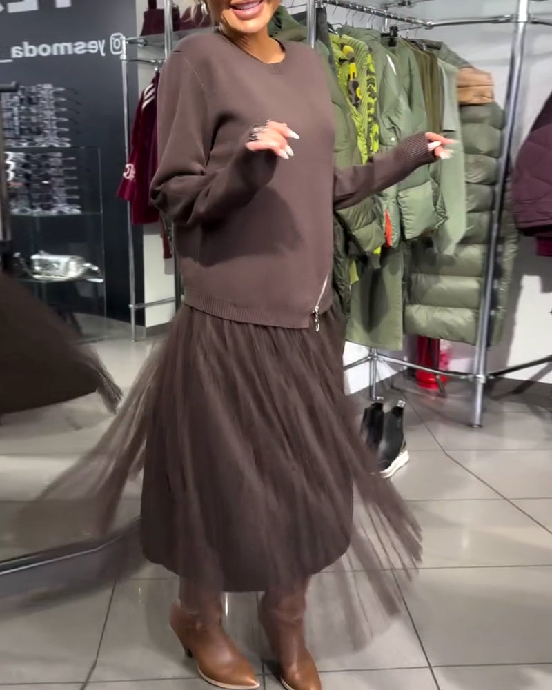 Zippered Stylish Crew Neck Sweater Set