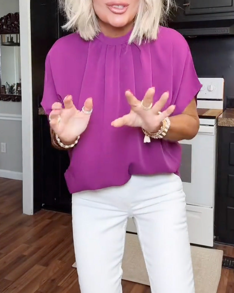 Mock Neck Loose Solid Blouse