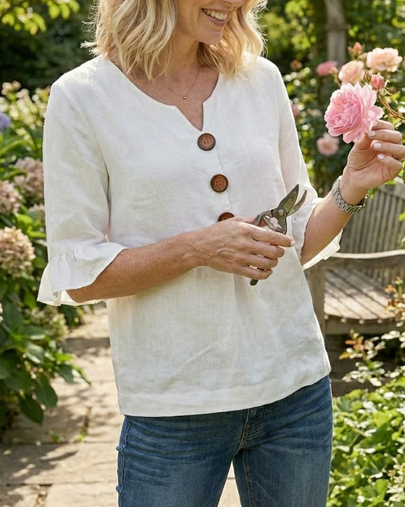 Solid-Color Cotton-Linen Wooden Buttons Ruffles Blouses