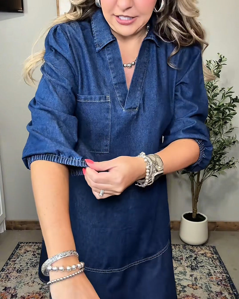 Collared Lantern Sleeve Denim Dress