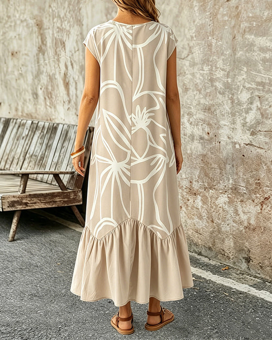 Crew Neck Geometric Print A-Line Dress