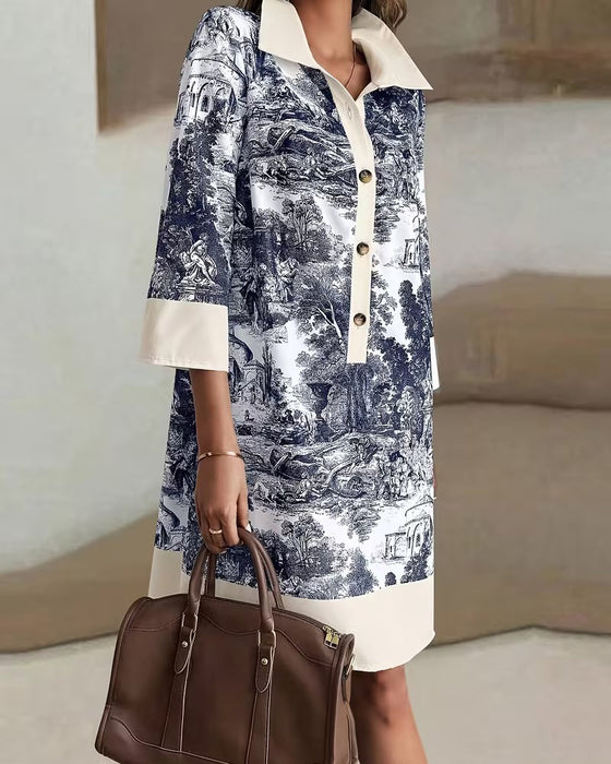 Ink-Wash Print Button Dress