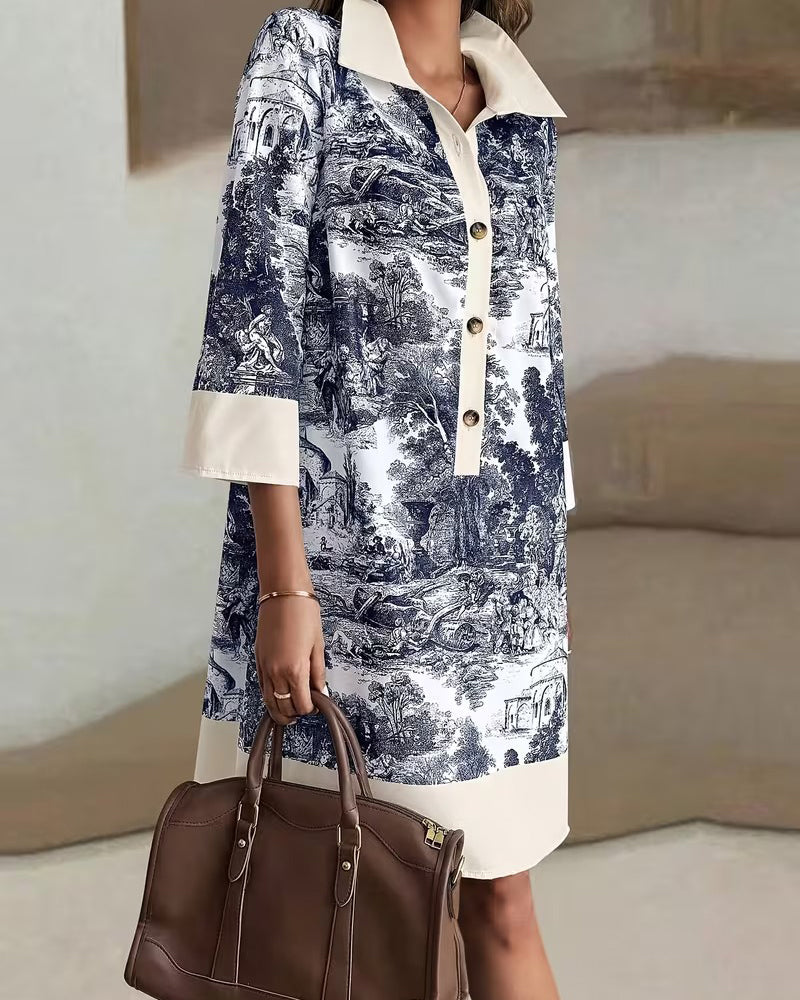 Ink-Wash Print Button Dress