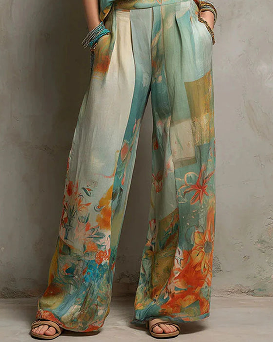 V-Neck Floral Blouse + Straight-Leg Pants Set